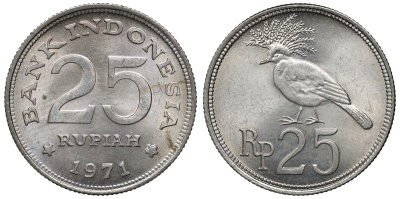Индонезия 25 рупий 1971 год тип, венценосный голубь KM 34 медно-никель aUNC 4118-145