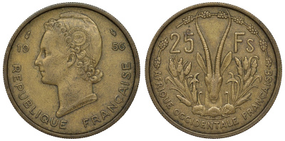 Французская Западная Африка 25 франков 1956 антилопа KM 7 алюминиевая бронза 4123-243
