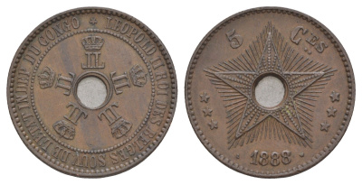 Бельгийское Конго 5 сантимов 1888 Свободное государство Конго, Леопольд II (1865-1909) KM 3 медь 1518-1224