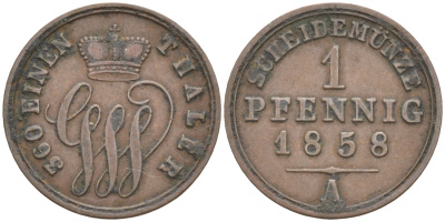 Шаумбург-Липпе 1 пфенниг 1858 А, Георг Вильгельм (1787-1860) KM 37 медь 73-644