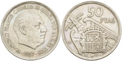 ИСПАНИЯ 50 ПЕСЕТ 1958 1957 ГОД, ФРАНКО KM 788 медно-никель 4403-444