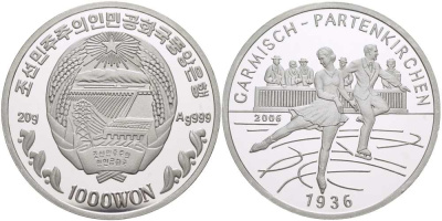 Северная Корея 1000 вонов 2006 IV Зимние Олимпийские игры 1936 года в Гармиш-Партенкирхене, фигурное катание  серебро  PROOF  1074-9-63