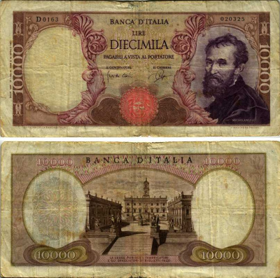 Италия 10000 лир 1964 Микеланджело Pick 97b бумага 8518-40-3-1