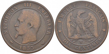 Франция 10 сантимов 1855 W, Наполеон III (1852-1870) KM 771.7, Le Franc 133.30 бронза 114-722
