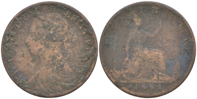 Великобритания 1 фартинг 1884 Виктория (1837-1901) KM 753, Spink 3958 бронза 187-133