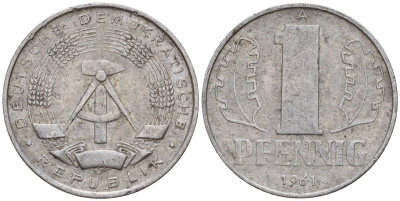ГДР 1 пфенниг 1961 A KM 8.1 алюминий 39-617