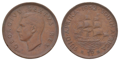 ЮАР 1 пенни 1952 Георг VI (1936-1952) KM 34.2 бронза 11-230-46