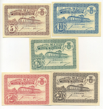 Португалия набор из 5 банкнот, 5, 10, 20, 30, 50 сентаво 1920 госпиталь Сан-Хосе, частный выпуск   бумага  UNC (пресс) 7555-10-1-2