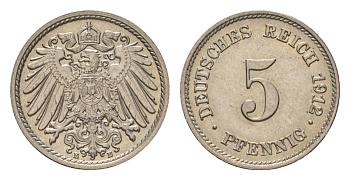 Германия 5 пфеннигов 1912 E, Вильгельм II (1888-1918) KM 11, J. 12 медно-никель UNC 4625-1026