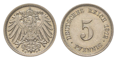 Германия 5 пфеннигов 1912 E, Вильгельм II (1888-1918) KM 11, J. 12 медно-никель UNC 4625-1026