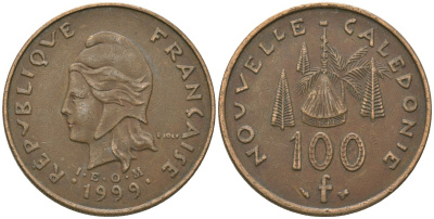 Французская Новая Каледония 100 франков 1999 хижина среди сосен и пальм, (IEOM) KM 15, Schoen 16, Lec 139c никель бронза 4680-1042