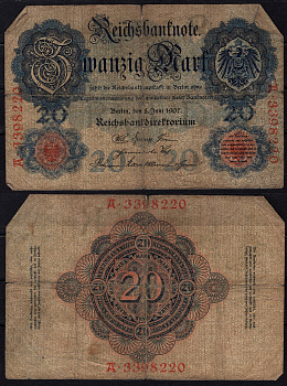 Германия 20 марок 1907 Pick 28 b бумага 6293-21-2-1
