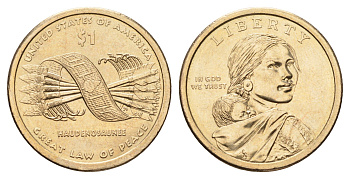 США 1 доллар 2010 P, Коренные Американцы - Пояс Гайавата KM 474 медь с марганцево-латунным покрытием UNC 4666-814