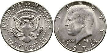 США 1/2 доллара (50 центов) 1974 D, Джон Кеннеди KM 202b медь плакированная медно-никелем 1523-413