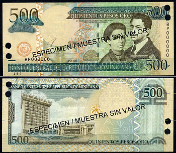 Доминиканская Республика 500 песо 2003 образец, SPECIMEN Pick 172s бумага UNC (пресс) 2197-36-1-1