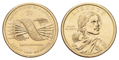 США 1 доллар 2010 P, Коренные Американцы - Пояс Гайавата KM 474 медь с марганцево-латунным покрытием UNC 4666-814