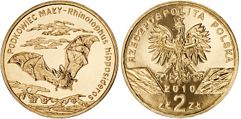 Польша 2 злотых 2010 MW, серия всемирная природа, подковоносная летучая мышь KM 723 нордик UNC 4448-1147