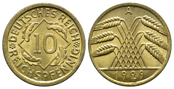 ГЕРМАНИЯ 10 РЕЙХСПФЕННИГОВ 1929 A, KM 40, J. 317 алюминиевая бронза 4380-947