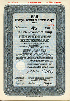 Германия 500 рейхсмарок 1941 АО топливных заводов, Дрезден, также известное как AKA, 4% частичное обязательство, облигация   бумага   8803-37-1