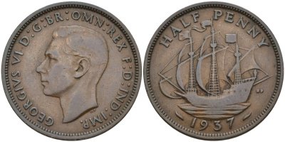 Великобритания 1/2 пенни 1937 Георг VI (1936-1952) KM 844, Spink 4115 бронза 190-647