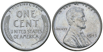 США 1 цент 1943 Авраам Линкольн KM 132 a сталь покрытая цинком aUNC 112-869