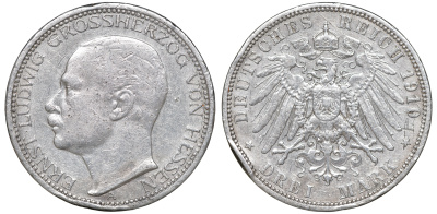 Гессен 3 марки 1910 H, Эрнст Людвиг (1892-1918) J. 76, KM 375 серебро 413-5714