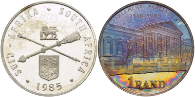 ЮАР 1 ранд 1985 75 лет Парламенту, в оригинальной коробке KM 116 серебро PROOF 3-4-1-26
