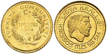 Турция 1000000 лир ЛИР 1997 КРЕЗ, ЦАРЬ ЛИДИИ, СТАРИННАЯ МОНЕТА KM 1066 золото PROOF 00-000-00