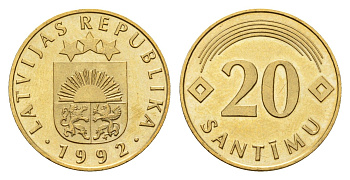 Латвия 20 сантимов 1992 KM 22.1 никель латунь UNC 4679-316