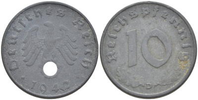 ГЕРМАНИЯ 10 РЕЙХСПФЕННИГОВ 1942 D KM 101, J. 371 цинк 4182-716