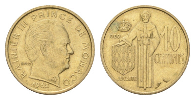 Монако 10 сантимов 1962 Ренье III (1949-2005) KM 142 медь алюминий никель 4659-922