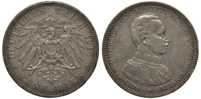 Пруссия 5 марок 1913 Вильгельм II в мундире KM 536, J.114 серебро 3711-414