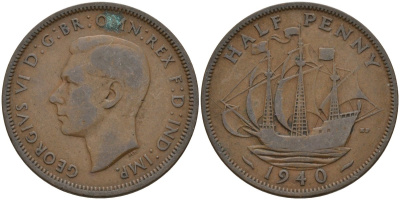 Великобритания 1/2 пенни 1940 Георг VI (1936-1952) KM 844, Spink 4115 бронза 4146-217