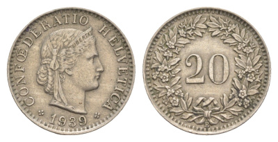 Швейцария 20 раппенов 1939 B KM 29a медно-никель 4643-348