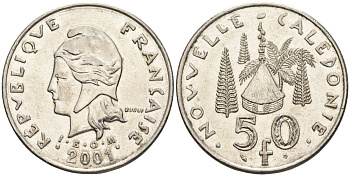 Французская Новая Каледония 50 франков 2001 хижина среди сосен и пальм, (IEOM) KM 13, Schoen 15, Lec 121 никель 4123-841