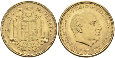 Испания 2,5 песеты 1953 (56) Франциско Франко (1939-1975) KM 785 алюминиевая бронза 4592-934