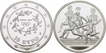 Греция 10 евро 2003 XXVIII летние Олимпийские игры 2004 года в Афинах, легкая атлетика, эстафета KM 196 серебро PROOF 00-000