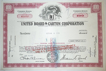 США, United Board & Carton Corporation 100 акций 1972 бумага 00-00