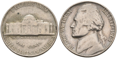 США 5 центов 1964 Джефферсон KM А192 медно-никель 92-1056