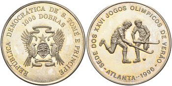 Сан-Томе и Принсипи 1000 добра 1996 XXVI Олимпийские игры 1996 года в Атланте, хоккей на траве KM 60 медно-никель PROOF 00-00