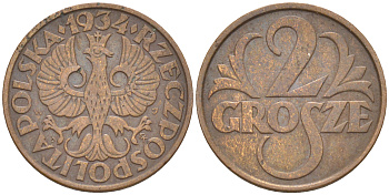 ПОЛЬША 2 ГРОША 1934 w KM 9a бронза 187-563
