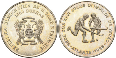 Сан-Томе и Принсипи 1000 добра 1996 XXVI Олимпийские игры 1996 года в Атланте, хоккей на траве KM 60 медно-никель PROOF 00-00