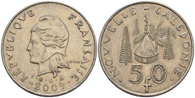 Французская Новая Каледония 50 франков 2009 хижина среди сосен и пальм, (IEOM) KM 13a, Schoen 15a, Lec 128i медно-никель 4111-825
