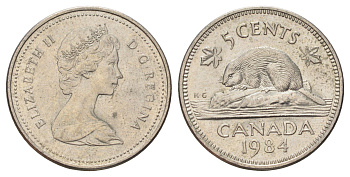 Канада 5 центов 1984 Елизавета II (1952-2022), бобр KM 60.2a медно-никель 4689-425