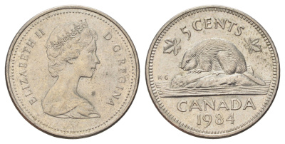 Канада 5 центов 1984 Елизавета II (1952-2022), бобр KM 60.2a медно-никель 4689-425