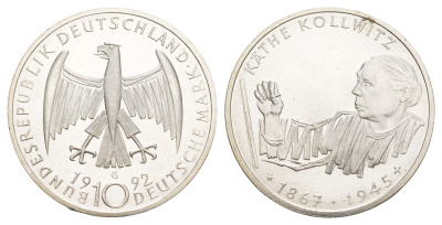 ФРГ 10 марок 1992 G, 125 лет со дня рождения Кете Кольвиц KM 178 серебро UNC 4634-1022