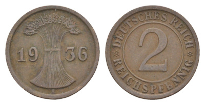 Германия 2 рейхспфеннига 1936 A KM 38, J. 314 бронза 4549-412