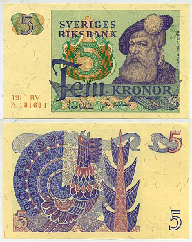 Швеция 5 крон 1981 BV, Густав I Ваза Pick 51d бумага aUNC 444-40-3