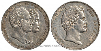 Бавария 2 талера 1842 Людвиг I, свадебный, свадьба Баварского Кронпринца Максимилиана и Марии Прусской AKS 104 b, Dav. 588, Kahnt 108 b, Thun 81 серебро 00-804-21