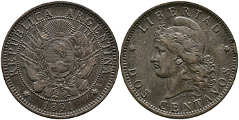 Аргентина 2 сентаво 1891 голова свободы влево KM 8 бронза 4531-1111